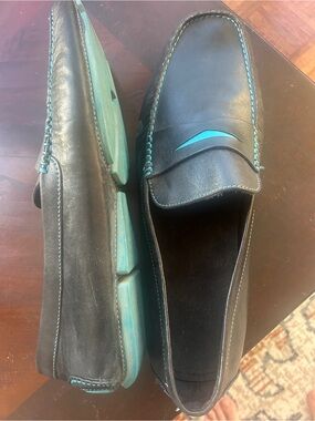 Donald J. Pliner Black Leather Slip-On Loafers with Teal/Blue Accents